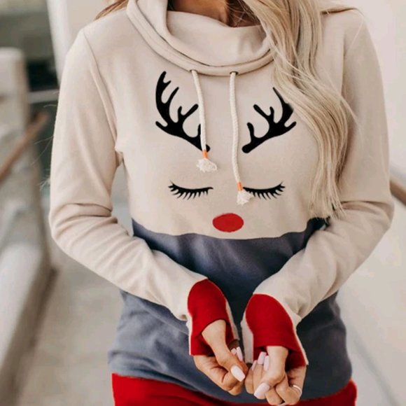 Christmas Reindeer Hoodie Hooded Shirt - Picture 2 of 4
